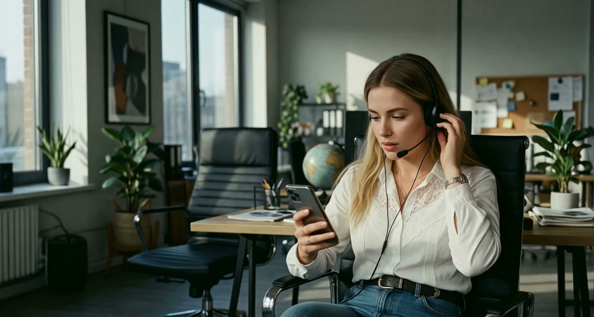 A customer-care person at her desk in a sunlit office.