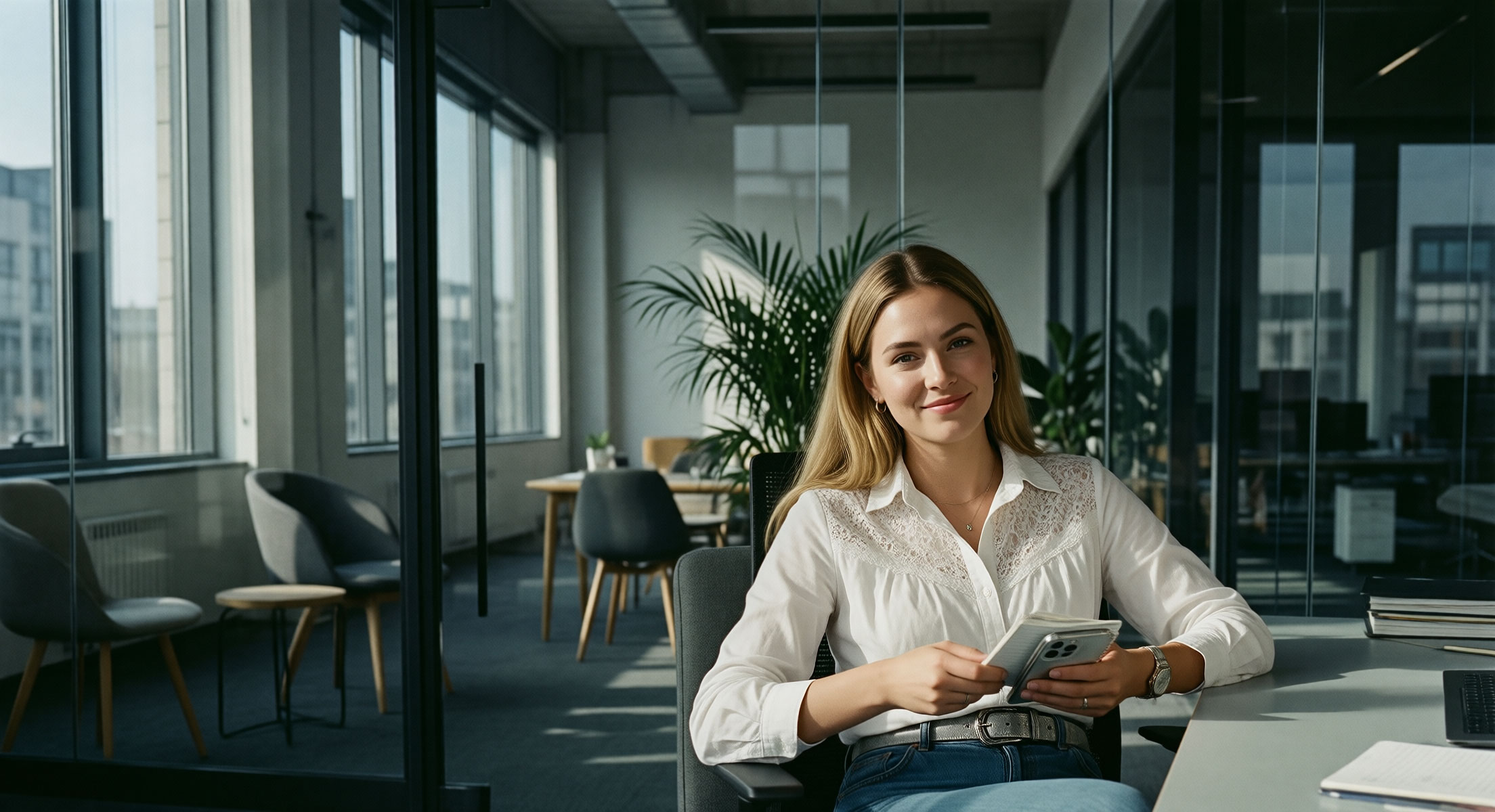 A customer-care person at her desk looking up from her work.