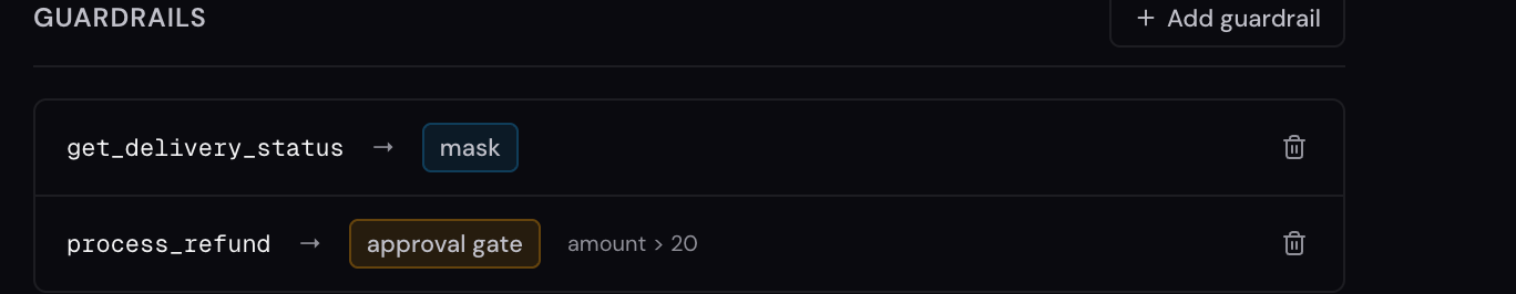 Guardrail configuration on a connected system: one rule masks a field on a delivery-status lookup, another routes refunds above a threshold to human approval.