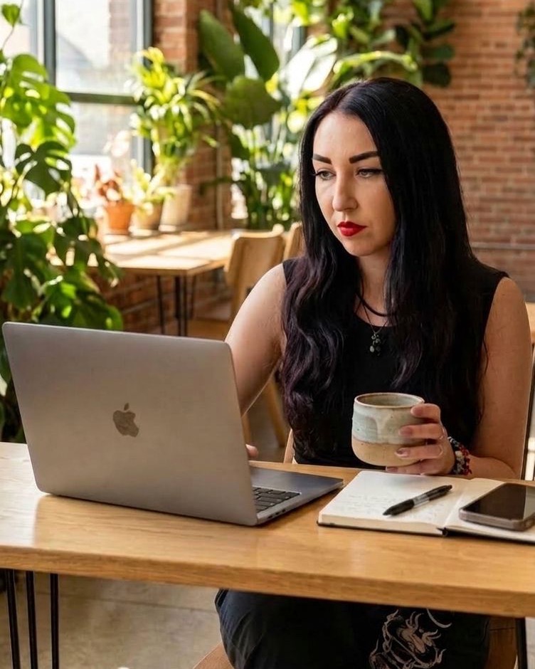 Xenia Musurova working on a laptop at a wooden desk in a bright office with brick walls and plants.