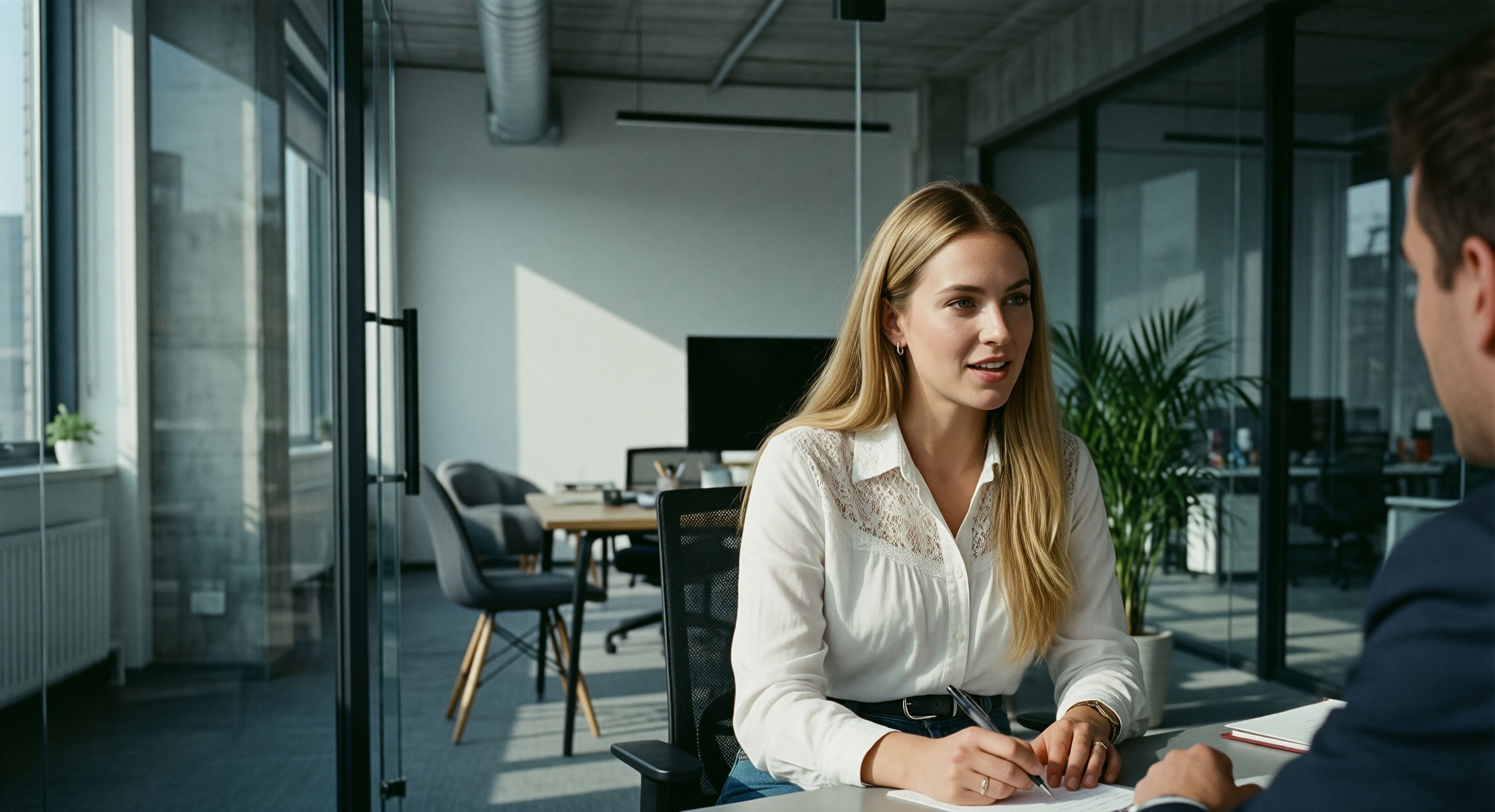 Two people in conversation across a desk in an open office.